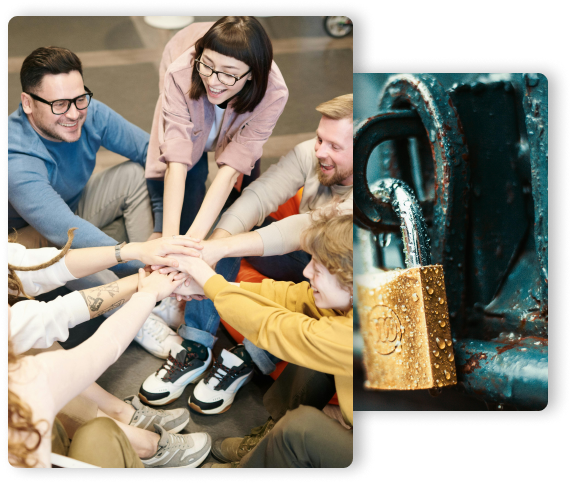 A picture showing a locked secret box, and a group of humans celebrating happily, the intent is to show that RBD security was able to help these humans protect their secret box.