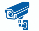 Line art of a blue security camera on a white background