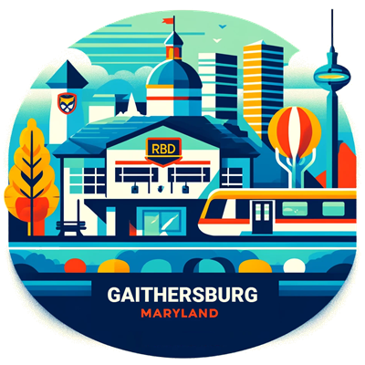 Colorful logo for Reliable Security and Locksmith Services for Homes and Businesses in Gaithersburg MD, train station in background