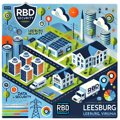 Logo and picture for RBD security and locksmih services in Leesburg VA, with data center in the background
